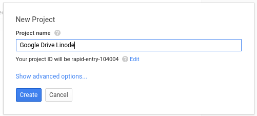 The new project window. I called my project Google Drive Linode