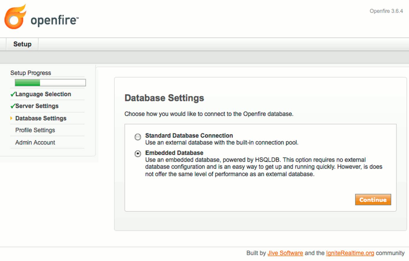 Database type selection in Openfire setup on Ubuntu 9.10 (Karmic).